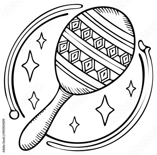 Single maraca drawing with stars, musical instrument illustration in black and white