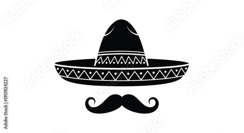 A stark black and white illustration depicts a traditional sombrero and a stylized mustache evoking mexican cultural imagery high quality professional