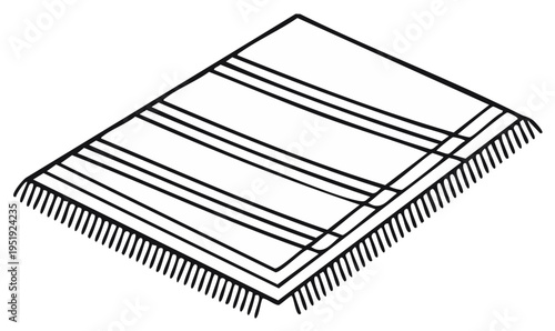 Isometric hand drawn rug illustration with fringe and striped pattern, black and white