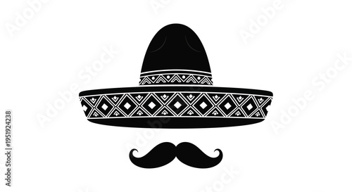A stylized black sombrero with decorative band and a prominent mustache is depicted in a simple design high quality