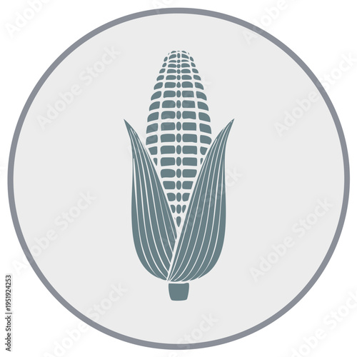 Stylized illustration of a ripe ear of corn with husks, enclosed in a circular frame.