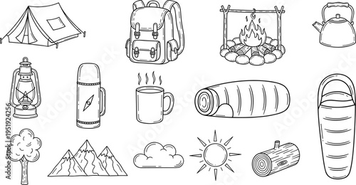 Collection of hand-drawn camping and outdoor adventure equipment icons