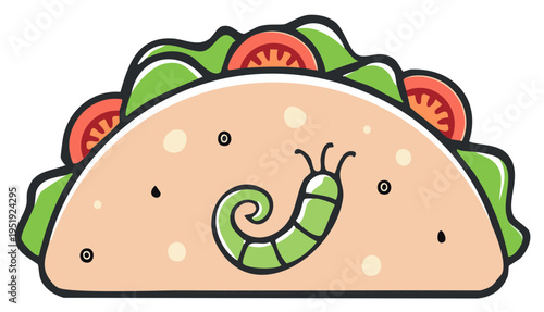Cute cartoon taco featuring a green worm with spiral tail emerging from lettuce and tomato