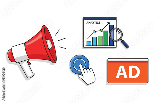 Advertising and marketing concept with megaphone graph and ad click