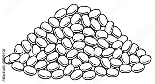 Copious pile of bean pods, white beans, or seeds sketched in simple line art on white background, illustration of a mound of edible grains.