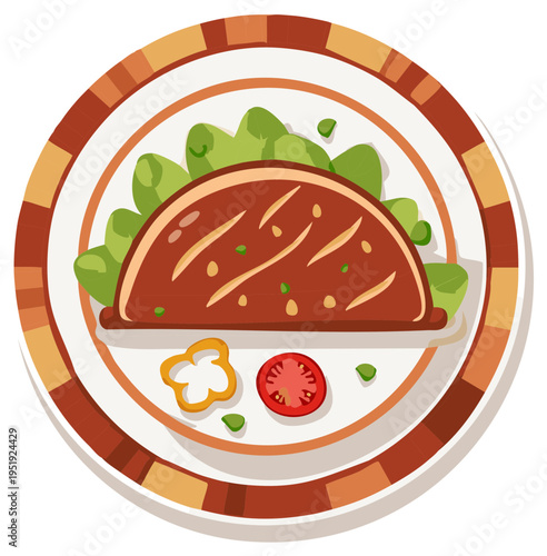 Cartoon illustration of a hearty taco with lettuce, tomato, and bell pepper on a decorative plate