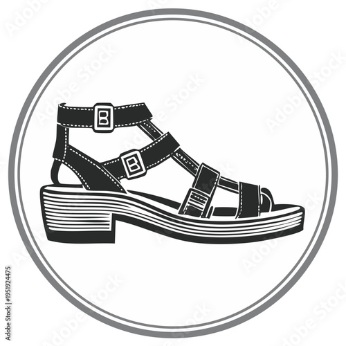 Vector illustration of a black gladiator sandal with buckles and a block heel inside a circular border