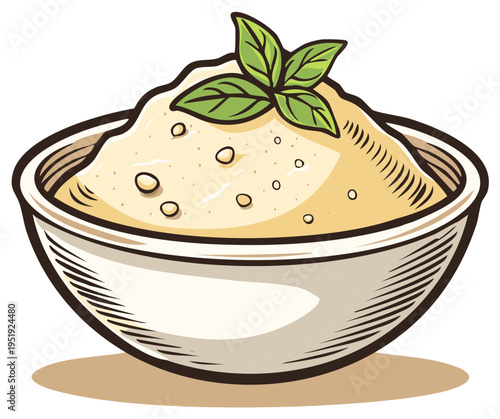 Creamy food preparation in a simple bowl with green herb garnish illustration