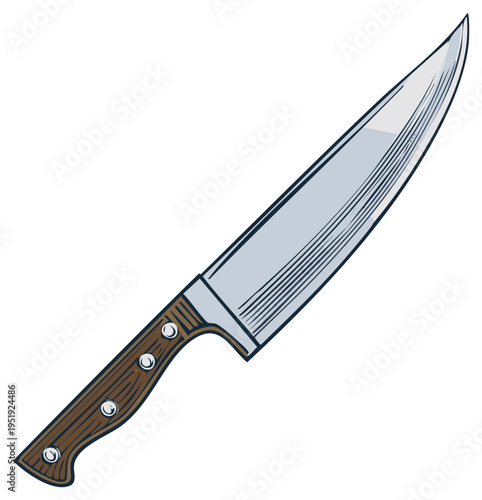 Sharp Chef Knife with Wooden Handle Illustration, Silver Blade Cutlery Tool, Kitchen Utensil in Vector Style