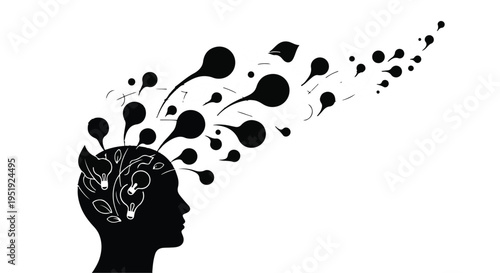 Creative thinking mind with ideas and thoughts flowing out, brain storming concept, innovative inspiration, problem solving, mental clarity, abstract silhouette