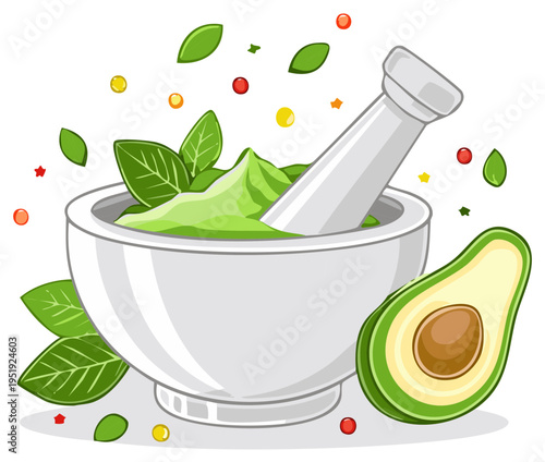 Avocado and mortar with pesto sauce illustration.