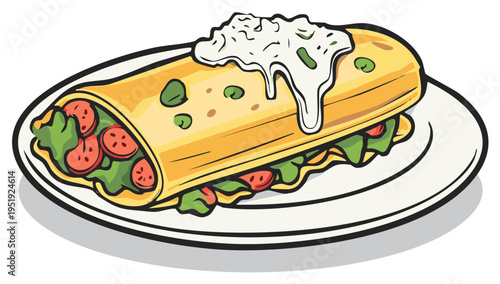 Cartoon Style Burrito Illustration with Salsa and Vegetables on a White Plate