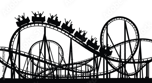 A striking black silhouette depicts a thrilling rollercoaster ride showcasing looping tracks and excited passengers high quality professional detailed