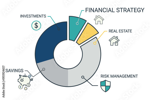 Financial strategy pie chart with investment revenue savings and debt management