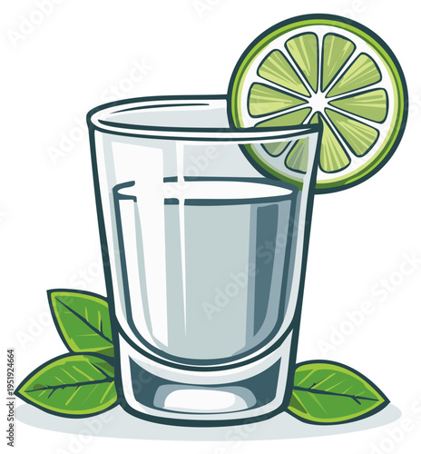 Cartoon shot of refreshing drink with lime wedge and leaves
