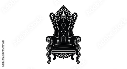 An ornate black and white illustration depicts a regal throne chair with a crown atop its high back