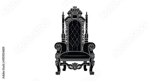 An ornate black silhouette of a regal throne chair stands prominently against a stark white background conveying power
