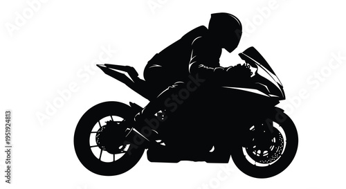 A stark silhouette depicts a motorcyclist leaning into a turn on a modern sportbike emphasizing speed and motion
