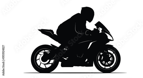 A striking silhouette depicts a motorcyclist leaning into a turn showcasing speed and dynamic movement on a sleek sportbike