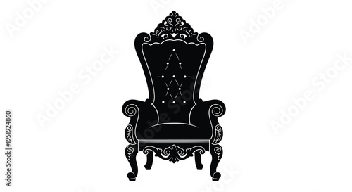 A striking black silhouette depicts an ornate regal throne chair with detailed carvings and a high back high quality