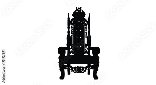 A stark black silhouette depicts an ornate throne showcasing intricate carvings and a regal imposing presence high quality professional