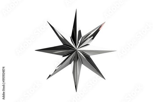 Shiny 8-point silver metallic star symbol 3d rendering with pointed ends isolated on a transparent background