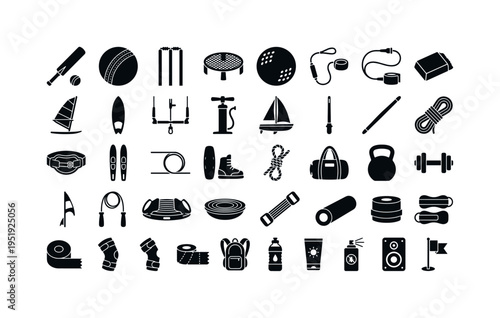 Coastal athletics gear and seaside activity tools featuring beach cricket bat, cricket ball, cricket wicket stumps, spikeball