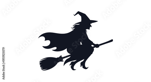A striking silhouette depicts a witch in flight dynamically posed on a broomstick against a plain background high quality