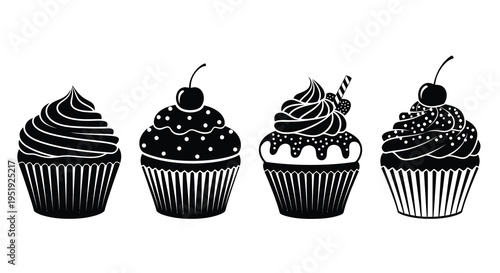 A collection of four distinct black and white cupcake illustrations showcases varying frosting styles and decorative elements high quality