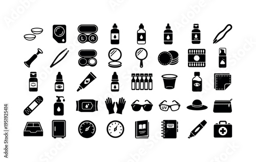 Contact lens care essentials including contact lens pair, contact lens blister pack, lens storage case, lens storage solution