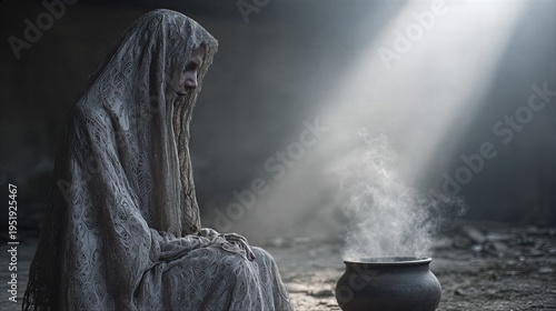 Woman wearing white veil sitting in dark room with steaming pot. Mystic scene with mysterious atmosphere. Gothic fantasy concept, surreal lighting and ancient ritual magic theme.