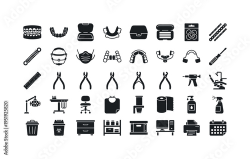 Dental clinic orthodontic accessories featuring braces bracket set, clear aligner tray, aligner storage case, retainer appliance