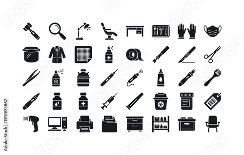 Dermatology clinic treatment accessories featuring dermatoscope handheld device, magnifying skin lens, examination lamp light,
