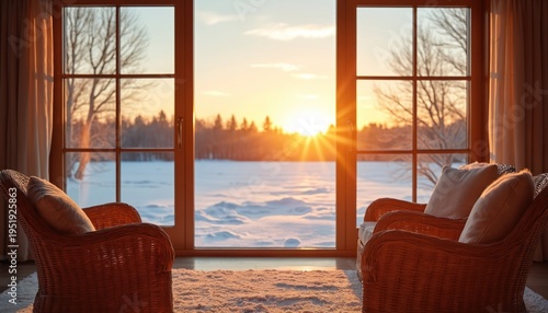 Two wicker chairs face large window overlooking snowy landscape at sunset. Warm interior light contrasts with cool outdoor winter scene. Peaceful home decor invites relaxation, contemplation during