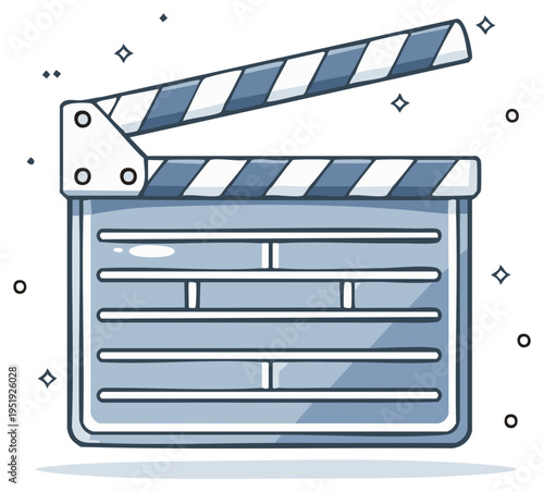 Isolated cartoon style film clapperboard with sparkles against a plain background for movie making icon creation