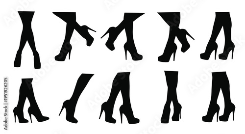 A collection of black silhouette images depicting women s legs in varied poses and footwear high quality professional detailed modern