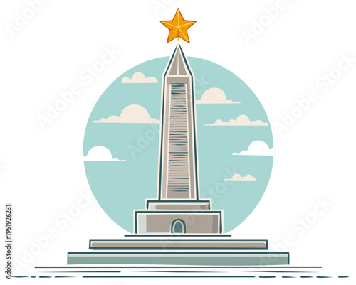 Tall obelisk monument with star on top and clouds in background stylized illustration
