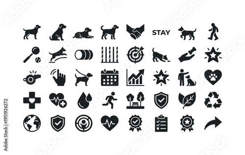 Dog obedience commands and behavioral training concept symbols showing dog silhouette icon, sitting dog icon, lying dog icon,