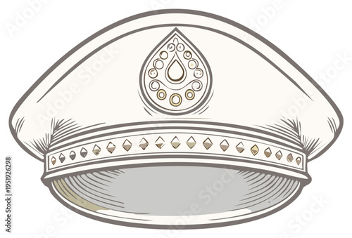 White Formal Cap with Decorative Emblem and Brim Detail
