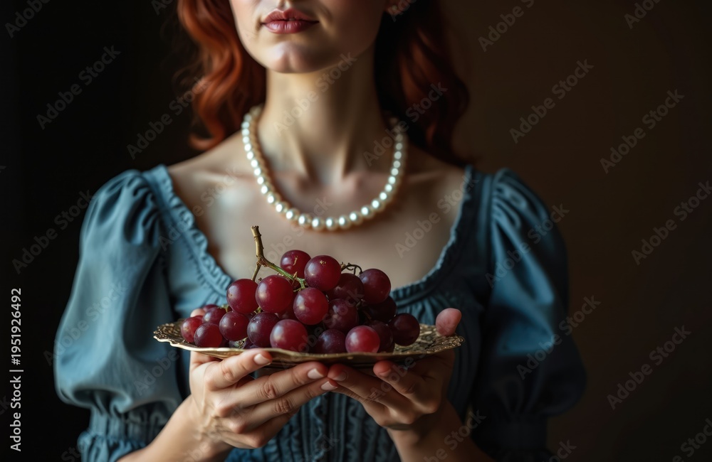Fototapeta premium Young woman with red hair wears pearl necklace and vintage dress. She holds golden plate with ripe red grapes. Studio portrait with dark background creates classic art feel.