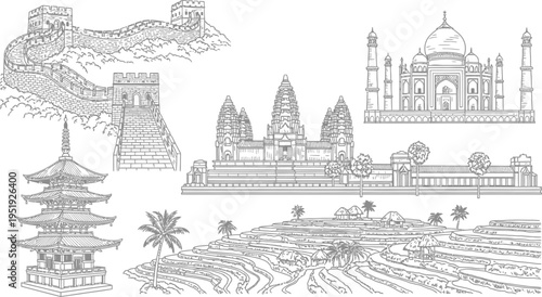 Asian Landmarks Hand Drawn Line Art Vector Set with Great Wall of China, Taj Mahal, Angkor Wat, Pagoda and Rice Terraces