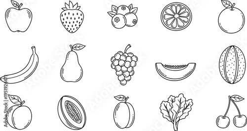 Collection of hand-drawn fruit icons in a simple black and white line art style