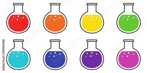 Collection of round colorful science flasks with bubbling liquid for laboratory experiments and research