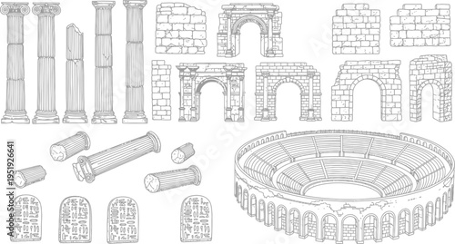 Ancient Greek and Roman Architecture Hand Drawn Line Art Vector Set with Columns, Arches, Colosseum, Ruins and Stone Tablets