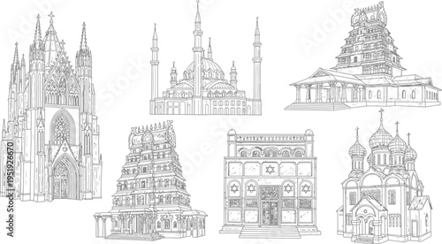 World Religious Buildings Hand Drawn Line Art Vector Set with Gothic Cathedral, Mosque, Hindu Temple, Synagogue and Orthodox Church