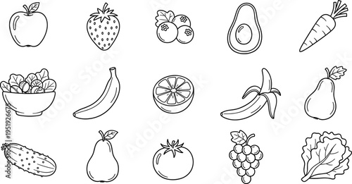 Collection of hand-drawn fruits and vegetables in a simple outline style