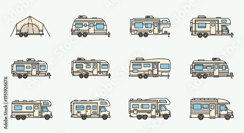Different styles of RVs including camping trailers campers and motorhomes all lined up in a row This image showcases various recreational vehicles suitable for vacation travel and outdoor life