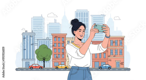 A woman taking a photo of the city with her smartphone