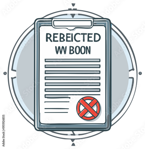 Clipboard with rejected document and red cross illustration depicting denial and refusal icon sign