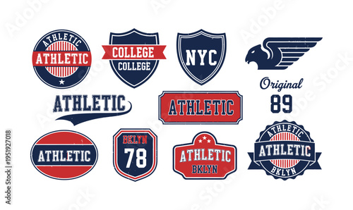 Vintage Athletic College Vector Badge Set with Collegiate Shield Crest and Sports Stamp Emblems